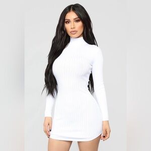 Elegant White Ribbed Turtleneck Dress